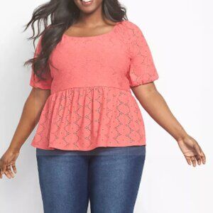 Lane Bryant Lace Peplum Coral Top Shirt 14 16 XL